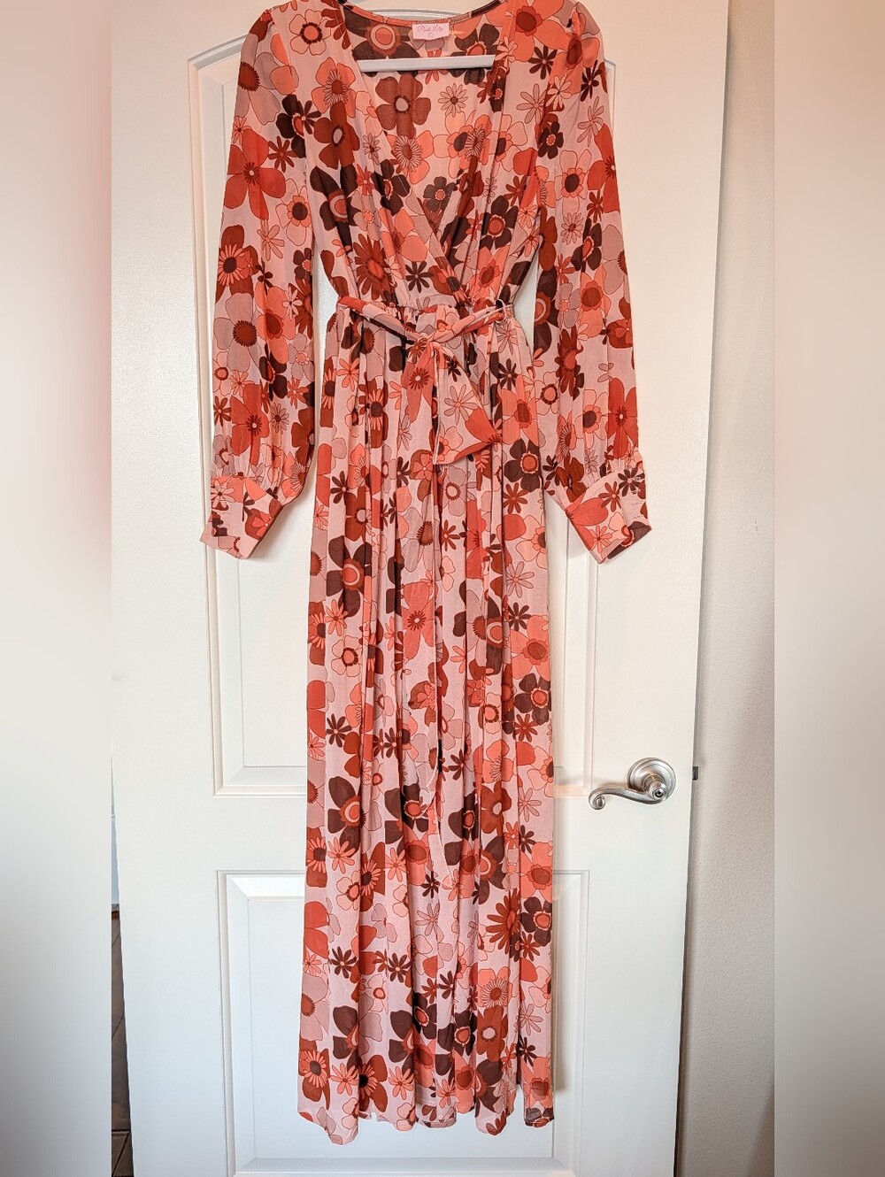 Retro Floral Boho Maxi Dress Long Sleeve Wrap Tie Waist - NWOT - Large - Picture 4 of 16
